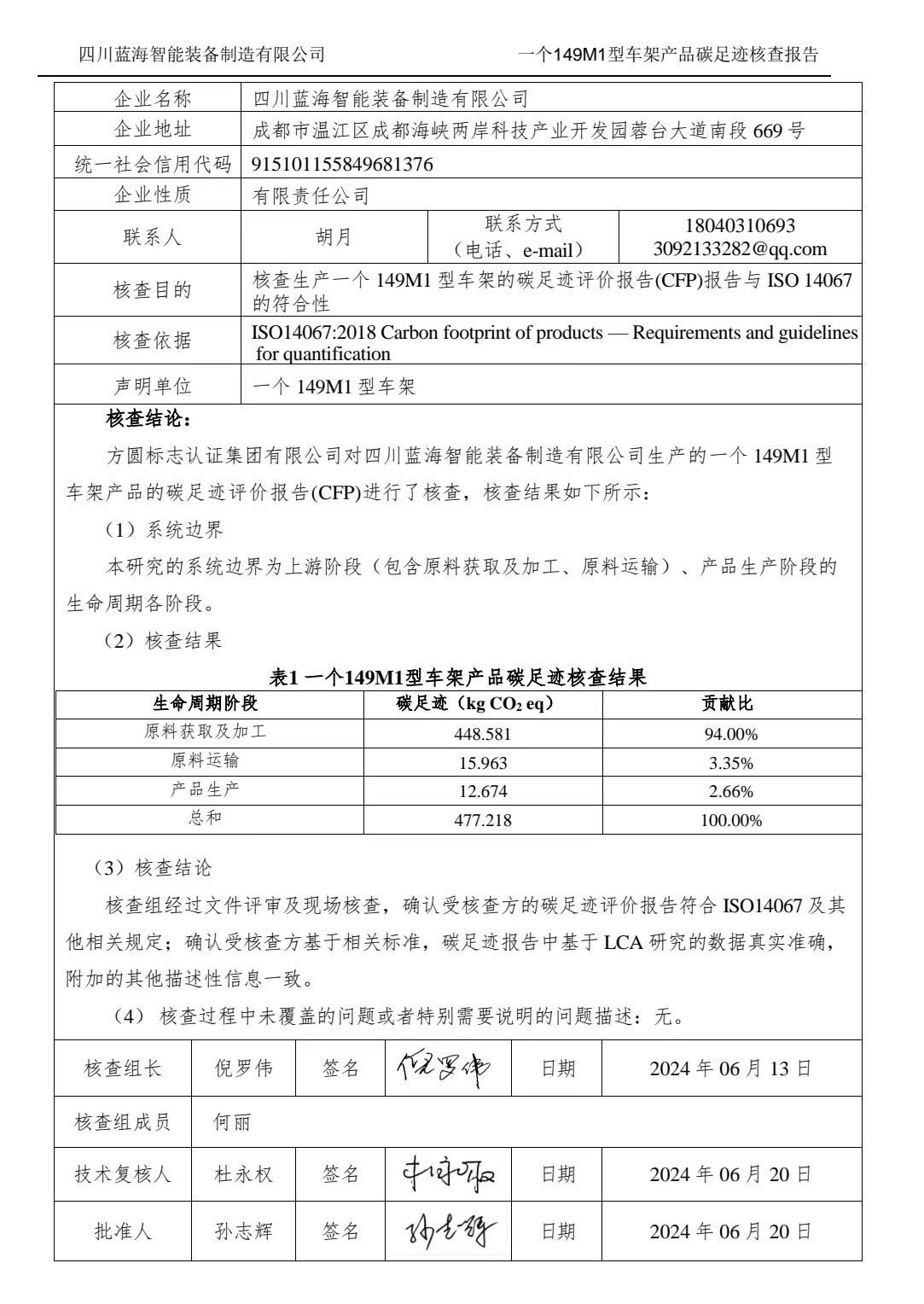 一個(gè)149M1型車架產(chǎn)品碳足跡核查報(bào)告